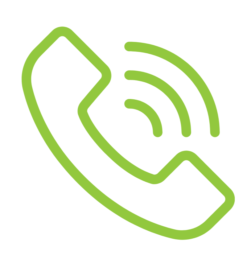 Green outline icon of a telephone receiver with wireless signal lines above it. - Meraki Lawn Care Services