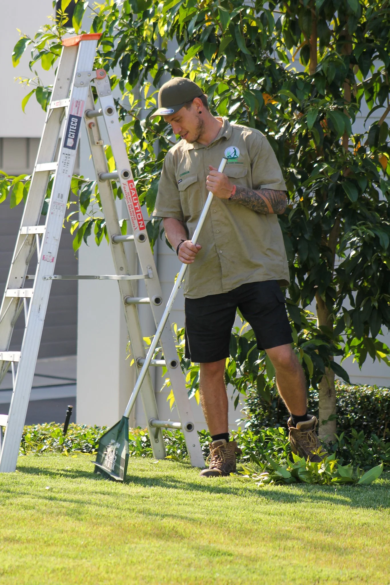 A man wearing a tan shirt, black shorts, and work boots stands outside on grass, holding a garden rake and smiling as he looks down at the ground. There is a ladder nearby and a tree behind him. - Meraki Lawn Care Services