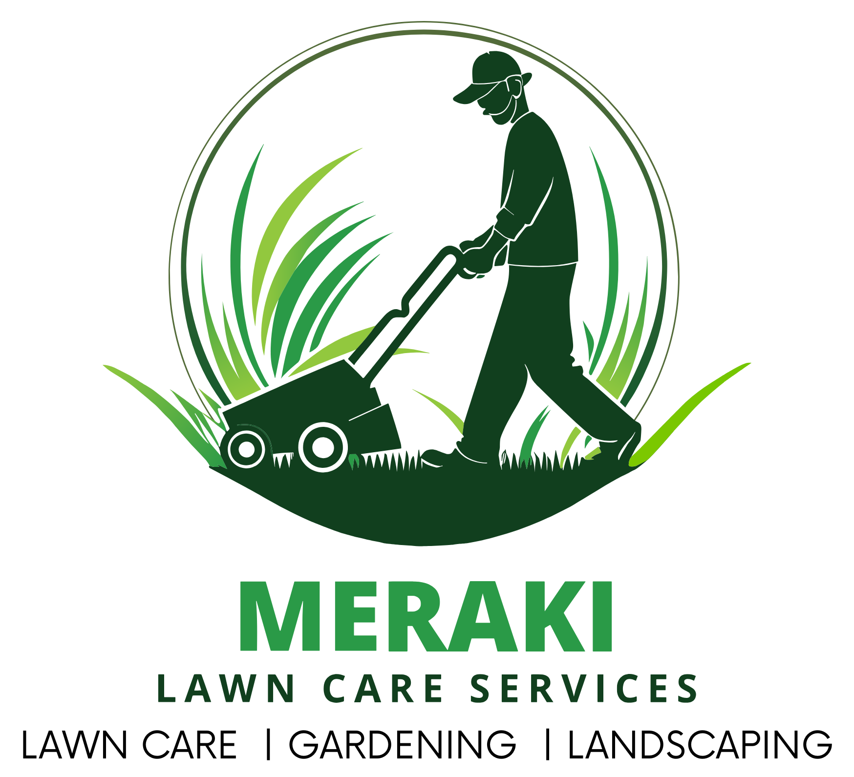 Logo of a lawn care service company called Meraki Lawn Care Services, featuring a person mowing grass with tall grass around, all in shades of green and black. - Meraki Lawn Care Services