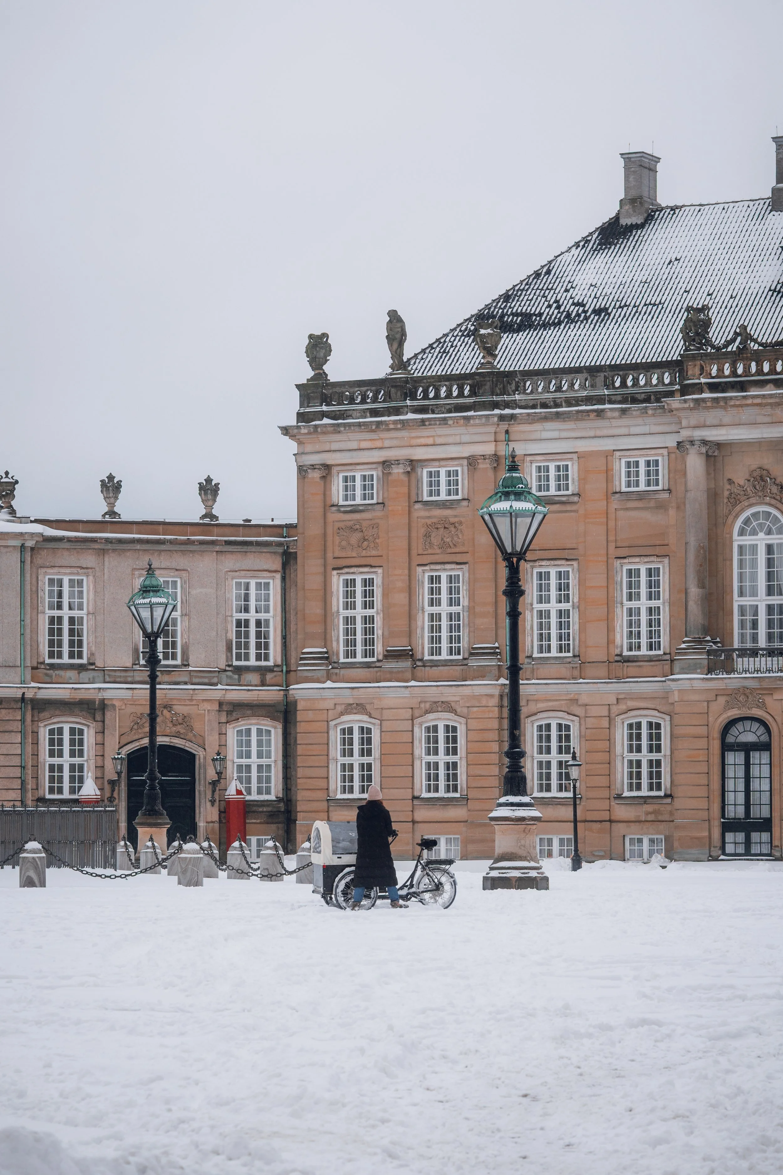 A person in a dark coat and hat standing next to a bicycle in a snowy square in front of a historic building with large windows, decorative statues, and a snowy roof.