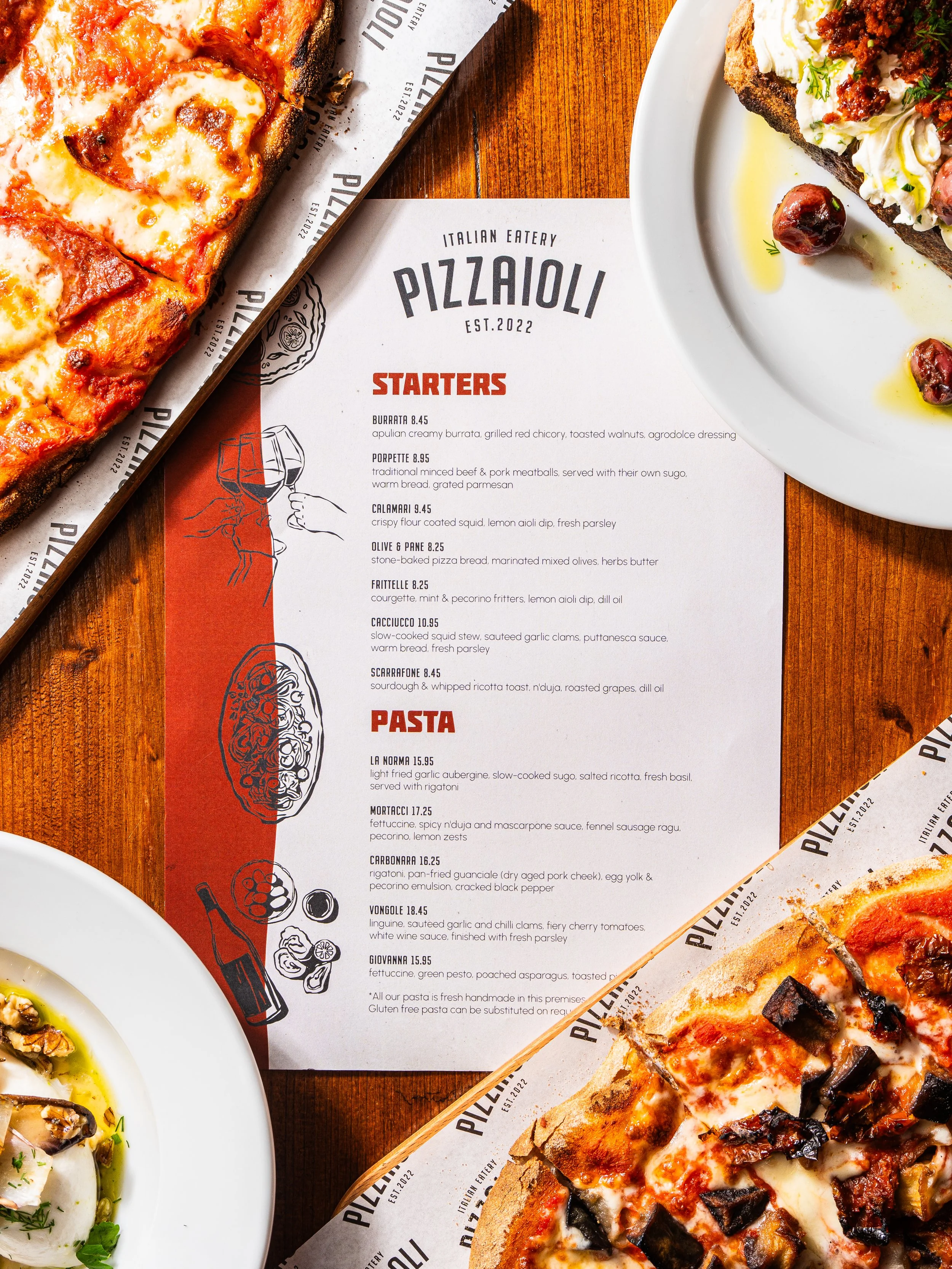 Menu from Pizzaioli Italian eatery with images of pizzas and other dishes on wooden table.
