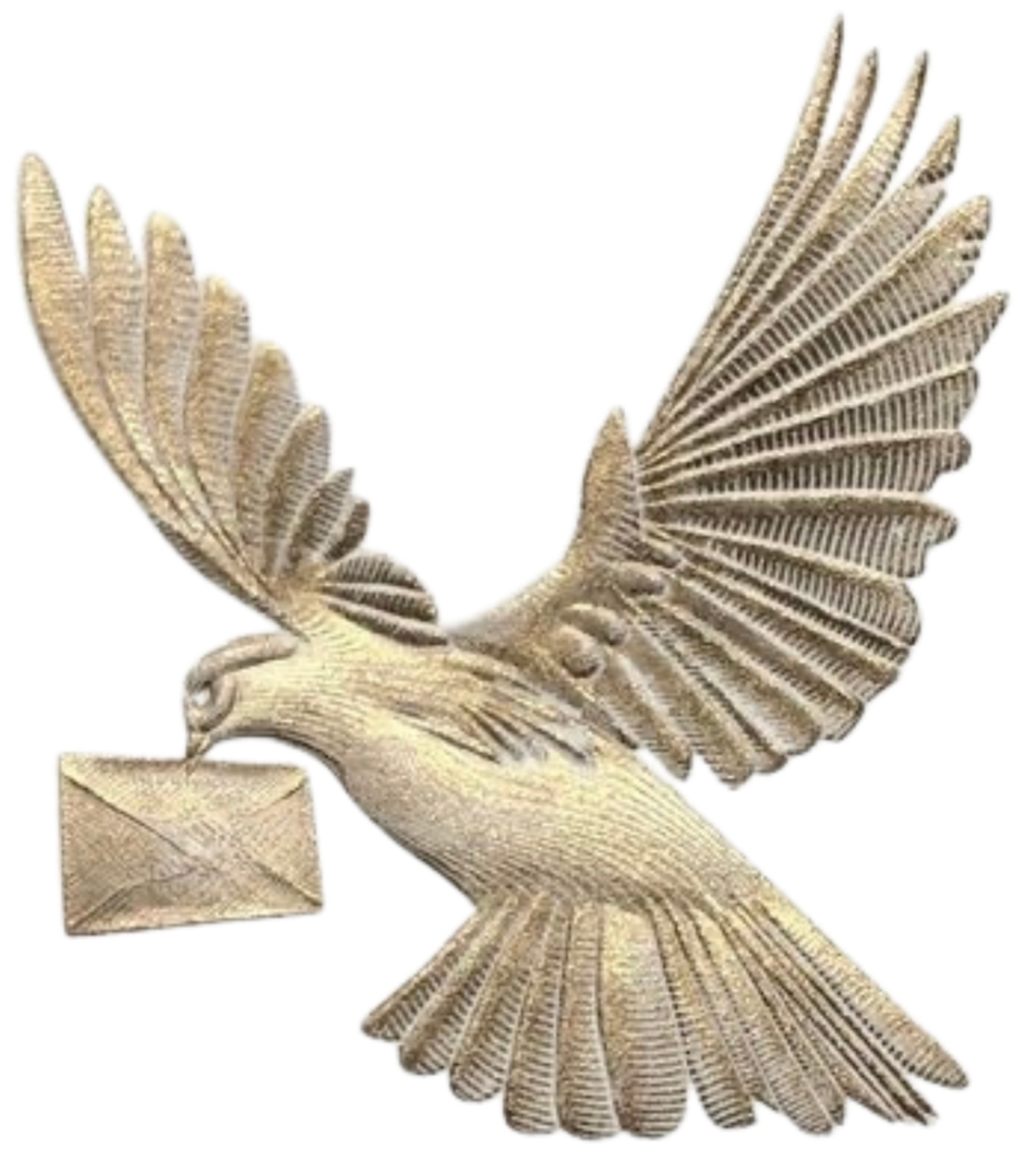 Stone sculpture of a bird with outstretched wings holding an envelope in its beak.