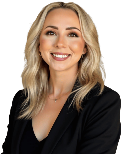 A smiling woman with blonde hair, wearing a black blazer and a necklace.