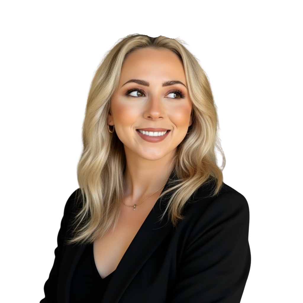 A woman with long blonde hair, wearing a black blazer, smiling and looking to the side.