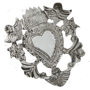 Decorative silver heart-shaped mirror to symbolize love, loss, and life transitions with floral designs and a small bird figure.