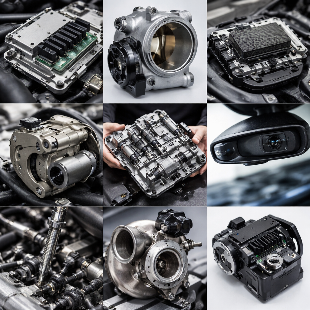 Eine Collage aus neun Bildern mit Motorteilen, darunter Diesel Einspritzdüse, NOx Sensor, elektrische Drosselklappe, AdBlue Dosierventil, Luftmassenmesser, Magnetventil, Ladedrucksensor, Glühkerze und Zündspule.