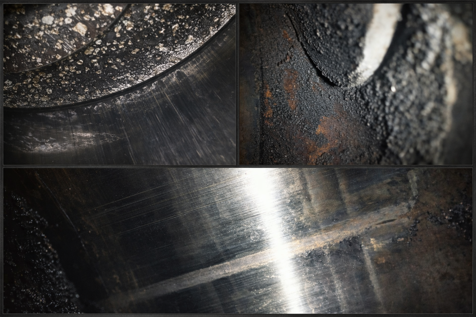 Nahaufnahme von metallischen Oberflächen mit Rost und Verschmutzungen, inklusive Kratzer und Staubbicken.