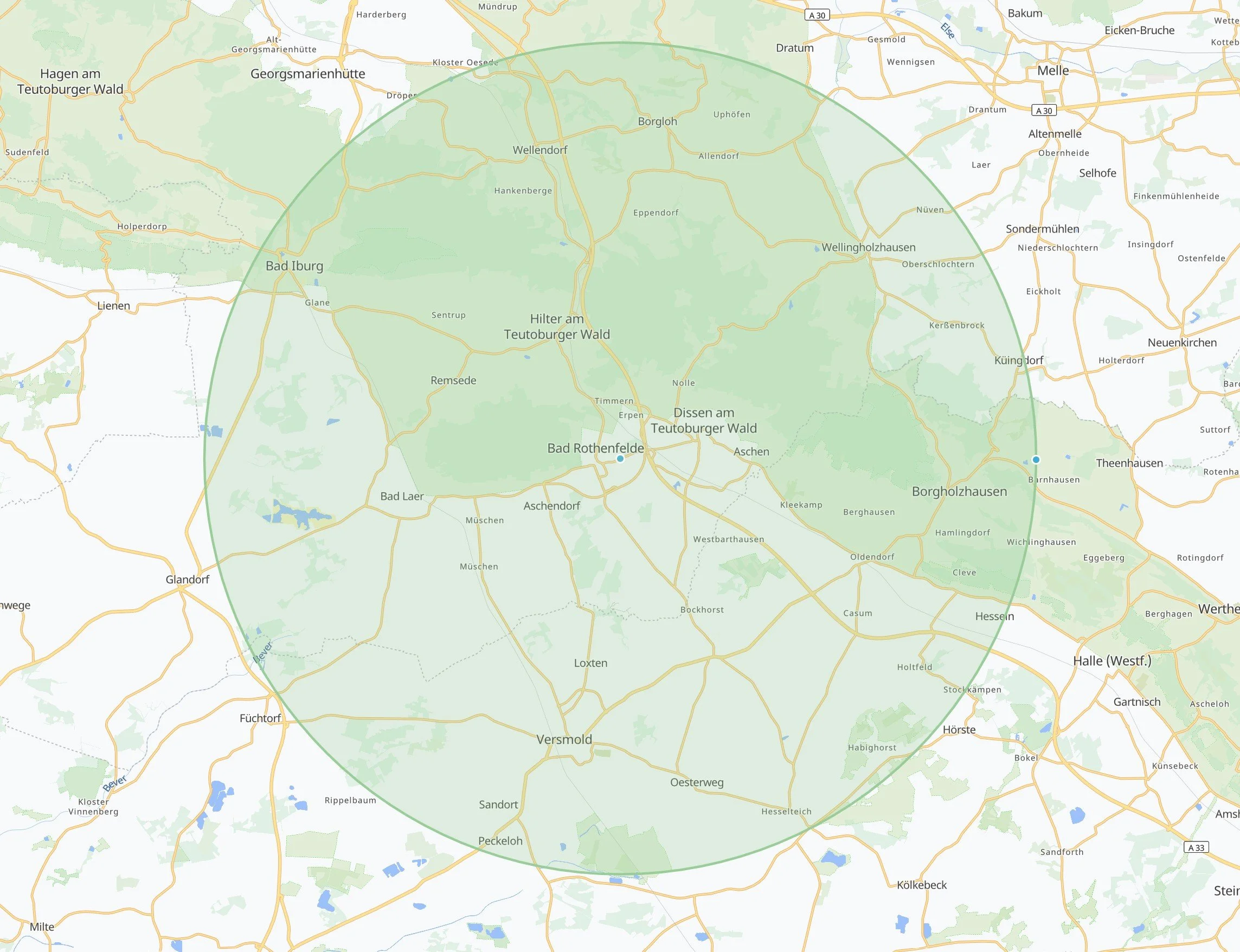 Karte eines Umkreises von Bad Rothenfelde, Deutschland, mit Kreisen und Markierungen, die Begrenzungen anzeigen.