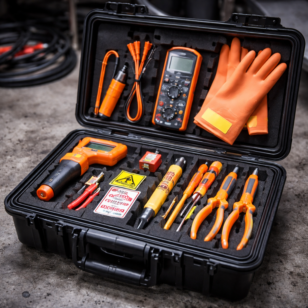 Ein Werkzeugkoffer mit Messgeräten, Messkabeln, Schutzbrille, Handschuhen, Lüsterklemmen, Schraubenziehern, einem Multimeter und anderen elektrischen Werkzeugen, alles in orange und schwarzer Hülle.