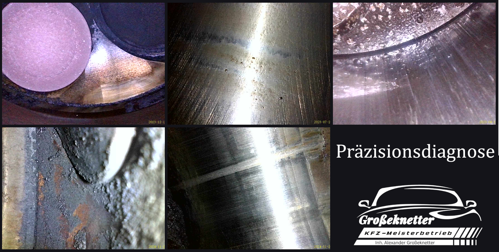 Vier Nahaufnahmen von metallischen Oberflächen mit Verschmutzungen, Kratzern und Ablagerungen, sowie eine schwarz hinterlegte Texttafel mit dem deutschen Wort "Präzisionsdiagnose" und einem Firmenlogo von "Großeknetter KFZ-Meisterbetrieb"