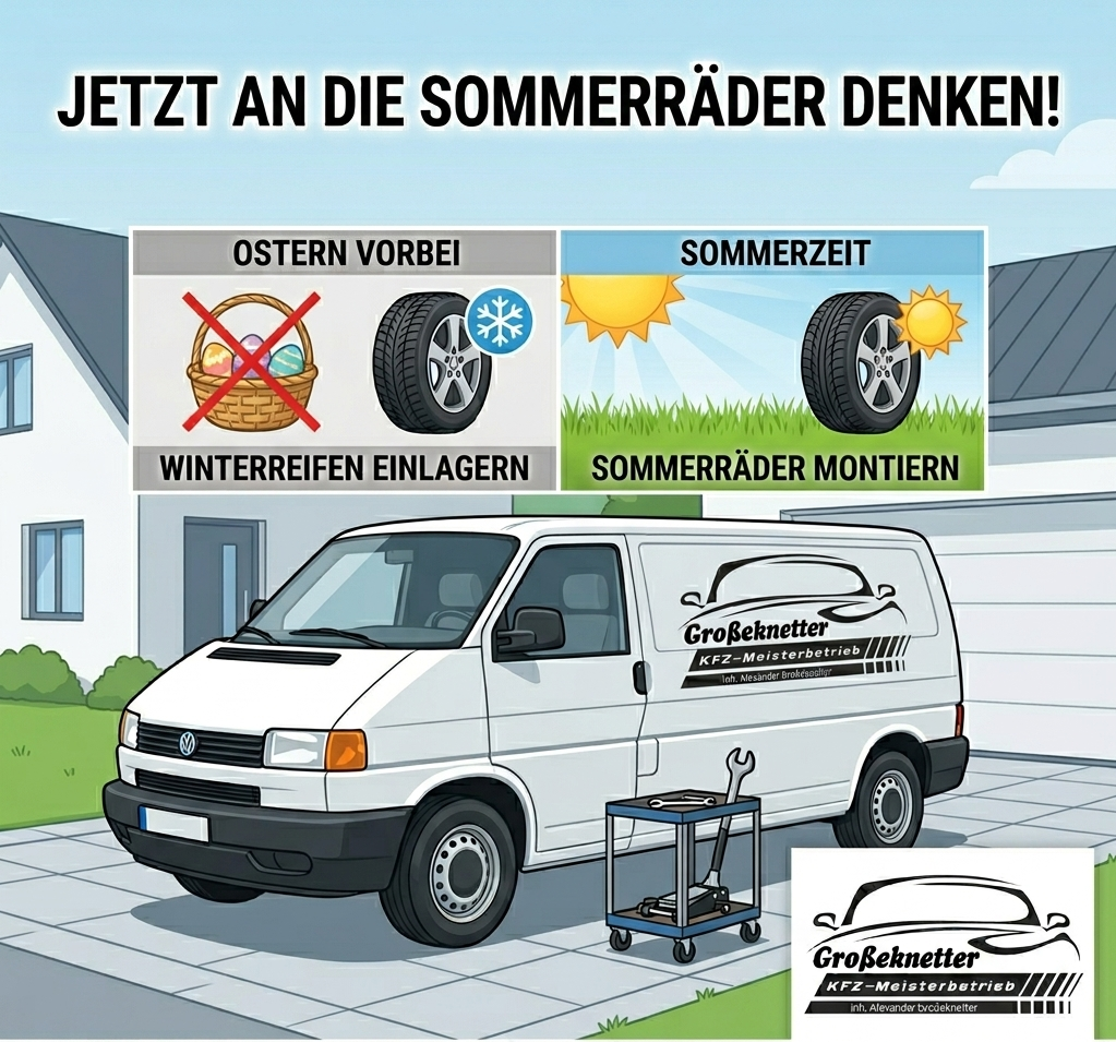 Ein Werkstattfahrzeug mit dem Logo ‚Großeknetter KFZ-Meisterbetrieb‘ steht vor einem Haus. Oben sind zwei Infografiken: links 'Ostern vorbei' mit einem Korb voller Ostereier, einem Winterreifen und einem Schneeflockensymbol, rechts 'Sommerzeit' mit Sonnen- und Reifen-Symbolen, und die Hinweise 'Winterreifen einlagern' und 'Sommerräder montieren'.
