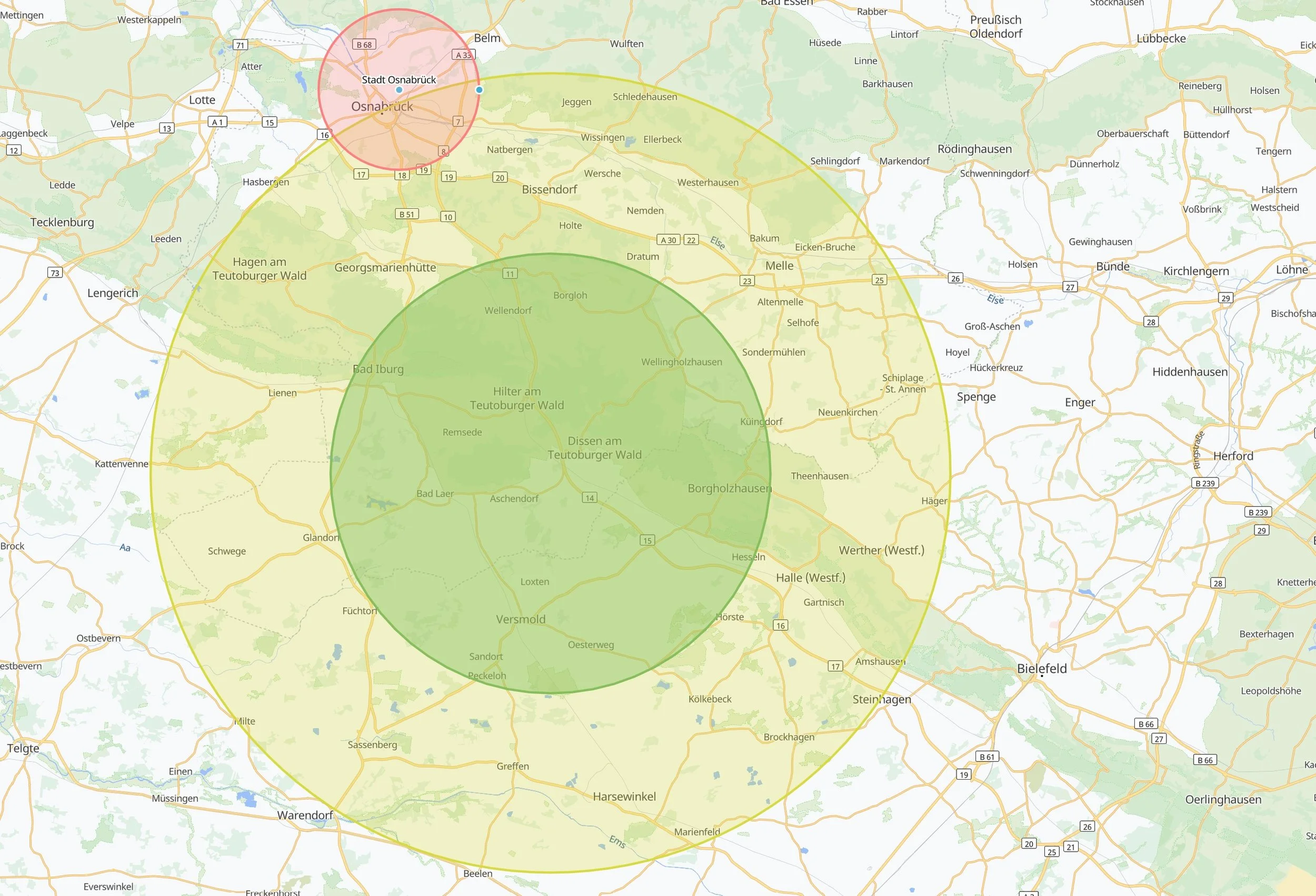 Karte mit mehreren konzentrischen Kreisen um Osnabrück, Deutschland, mit grünen, gelben und roten Zonen