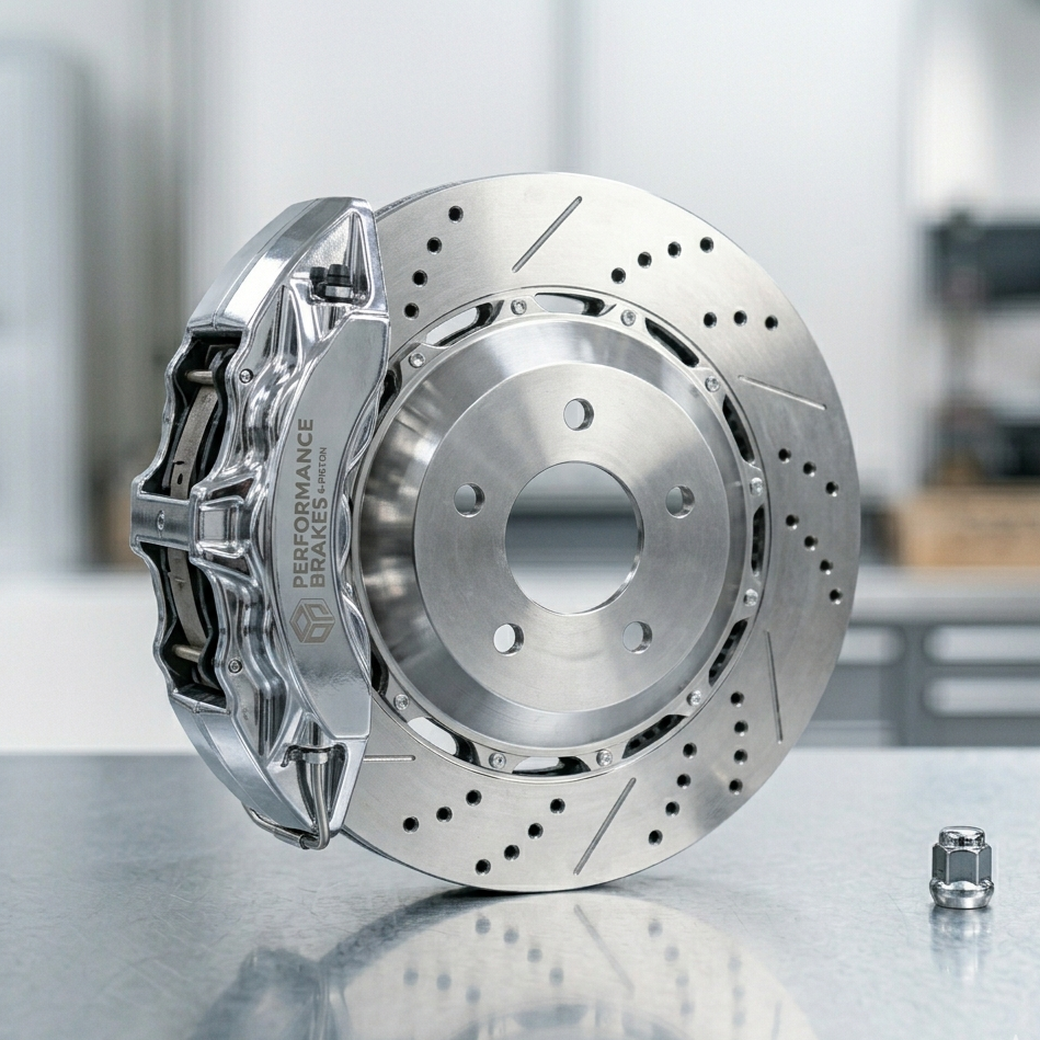 Hochleistungs-Bremsscheibe mit Bremssattel.