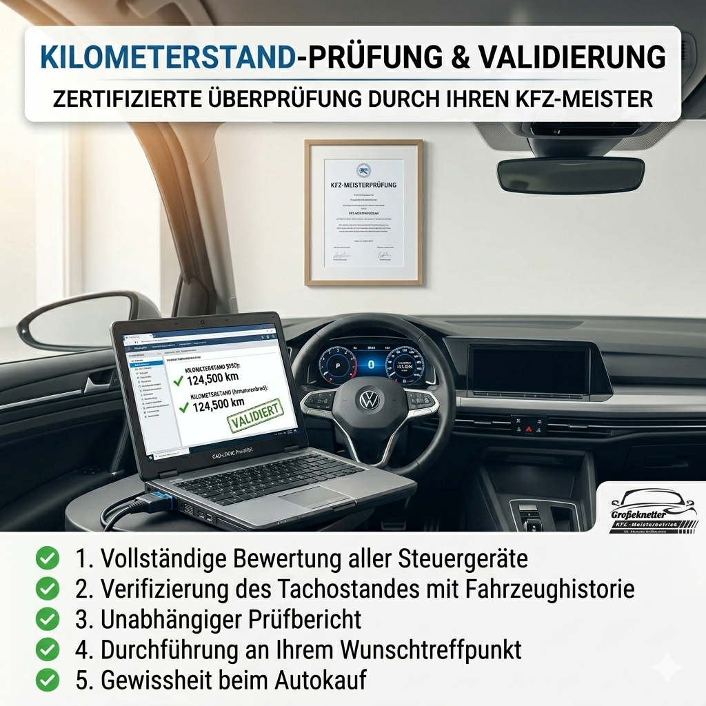 Innenaufnahme eines Autos mit einem Laptop auf dem Armaturenbrett, der die Fahrzeughistorie anzeigt, und einer im Rahmen aufgehängten Urkunde an der Wand. Überschrift: "Kilometerstand-Prüfung & Validierung" mit einem Untertitel: "Zertifizierte Überprüfung durch Ihren KFZ-Meister". Weitere Informationen: Überprüfung der Steuergeräte, Tachostand-Validierung, unabhängiger Bericht, Durchführung am Wunschort, Sicherheit beim Autokauf.