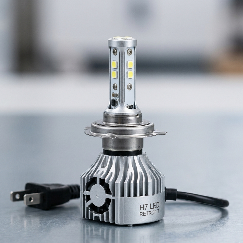 LED-Fahrzeuglampe mit Kühlkörper, Netzanschlusskabel, auf einer Arbeitsfläche.