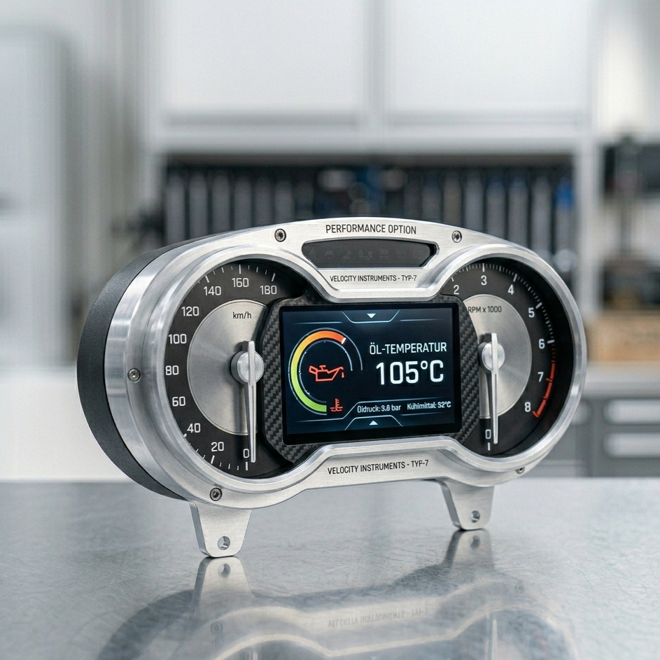 Kraftstoff- und Öldruckmessgerät mit digitaler Anzeige, die eine Öltemperatur von 105°C zeigt, in einer Werkstatt.