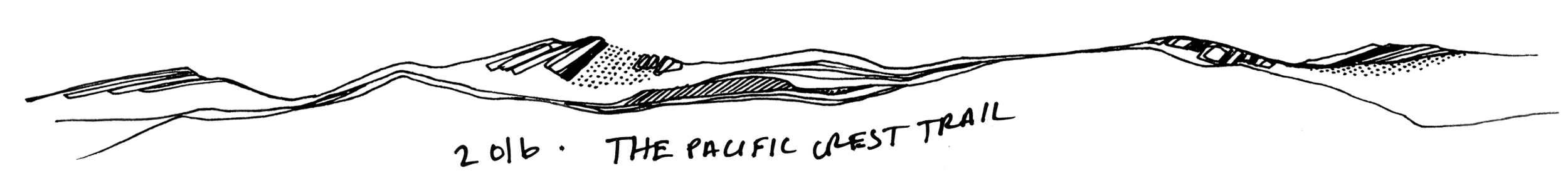 A black illustration of mountain terrain with '2016. The Pacific Crest Trail' written below.