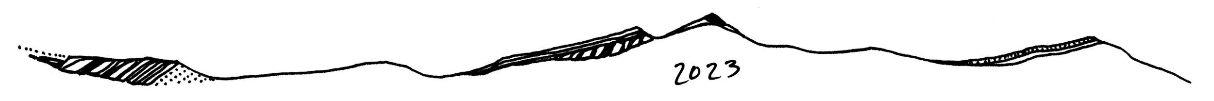 Line drawing of mountain range with the year 2023 written in the middle.
