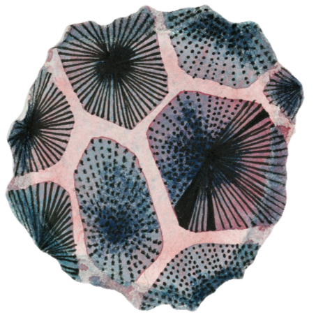 Watercolor painting of an abstracted rock with black and blue patterns on a light pink background.