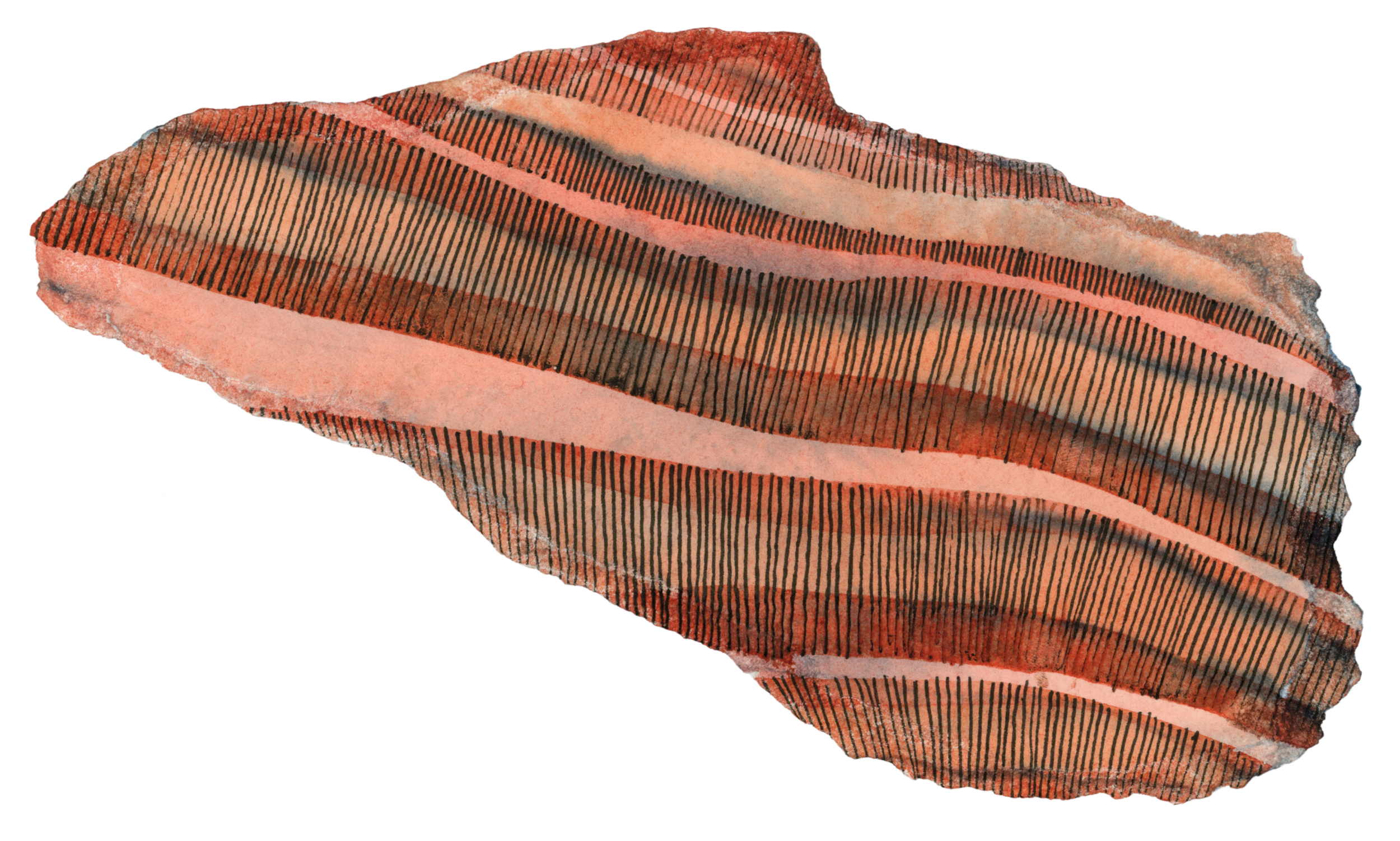 Watercolor painting of an abstracted rock with pink, orange, and brown colors and black lines.