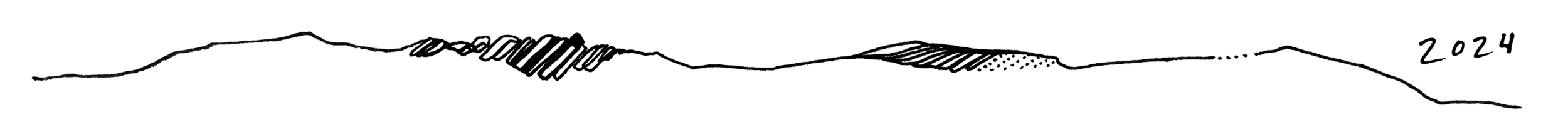 Line drawing of mountain ranges with the year 2024 written in the upper right corner.