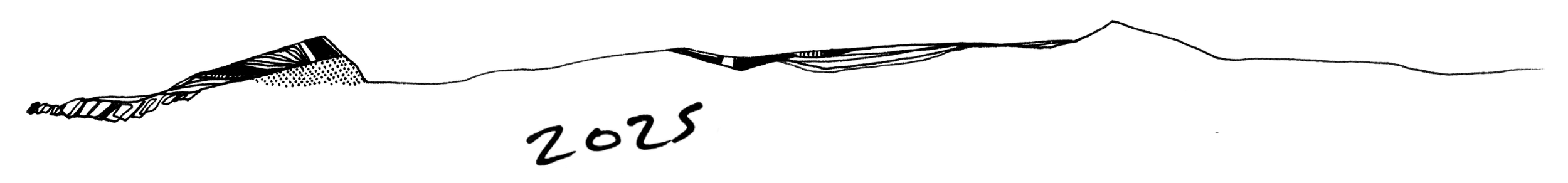 A black-and-white line drawing of mountains with a handwritten year '2025' in the center.
