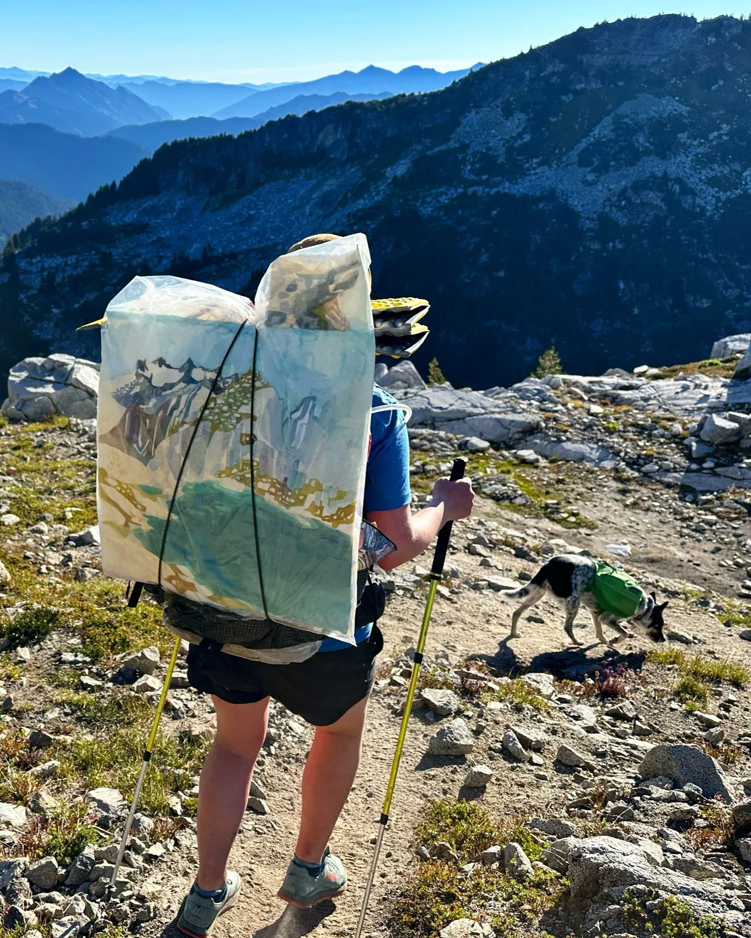 A person hiking on a mountain trail with a dog, carrying a large backpack and using trekking poles, in a mountainous landscape with clear skies in the background.