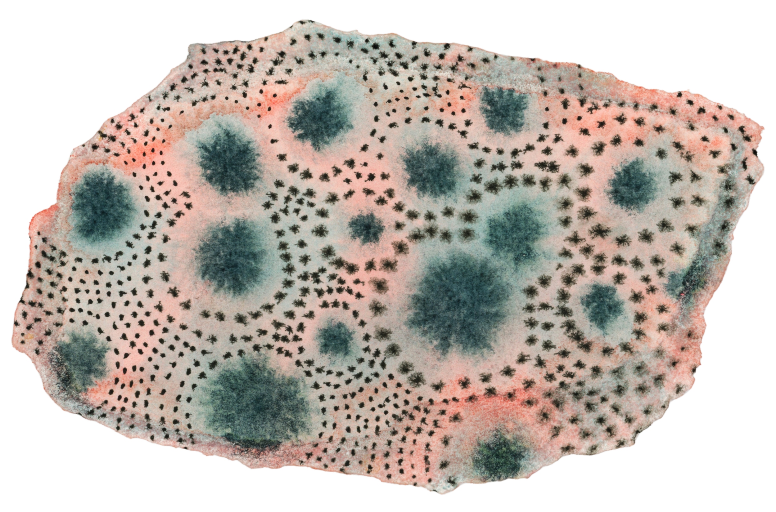 Watercolor painting of an abstracted rock with black, greenish, and pink mineral patterns and spots.