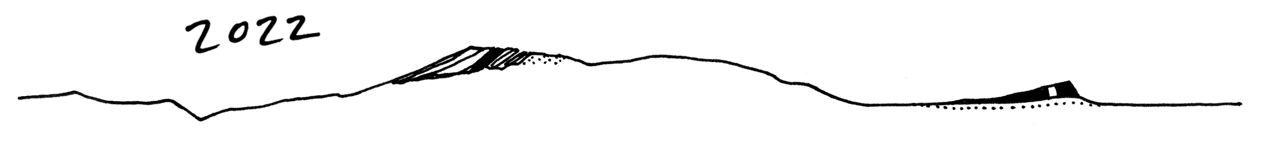 Line drawing of mountain range with the year 2022 written above.