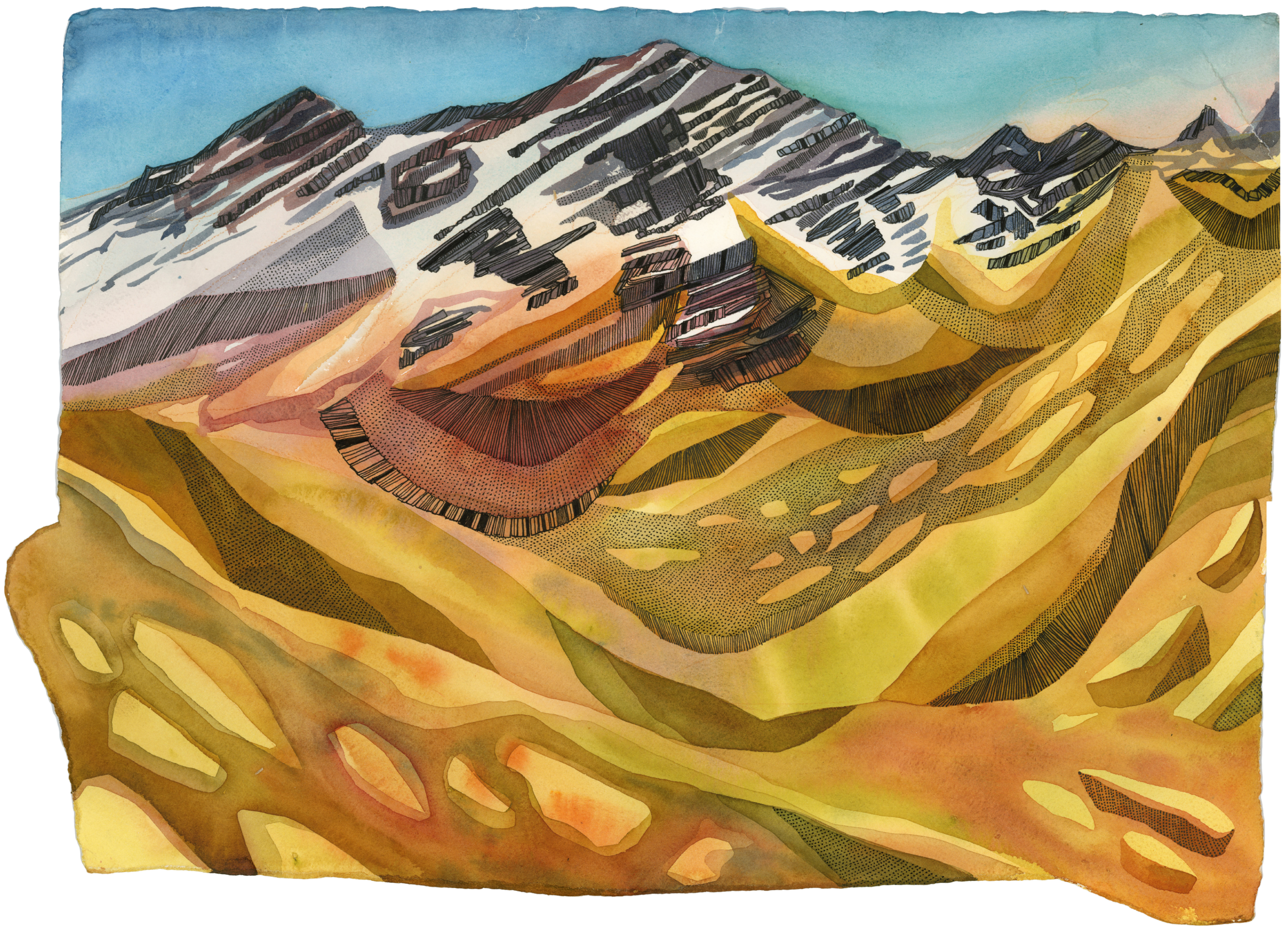 Stylized landscape painting of snow-capped mountains with colorful rolling hills and a sky background.