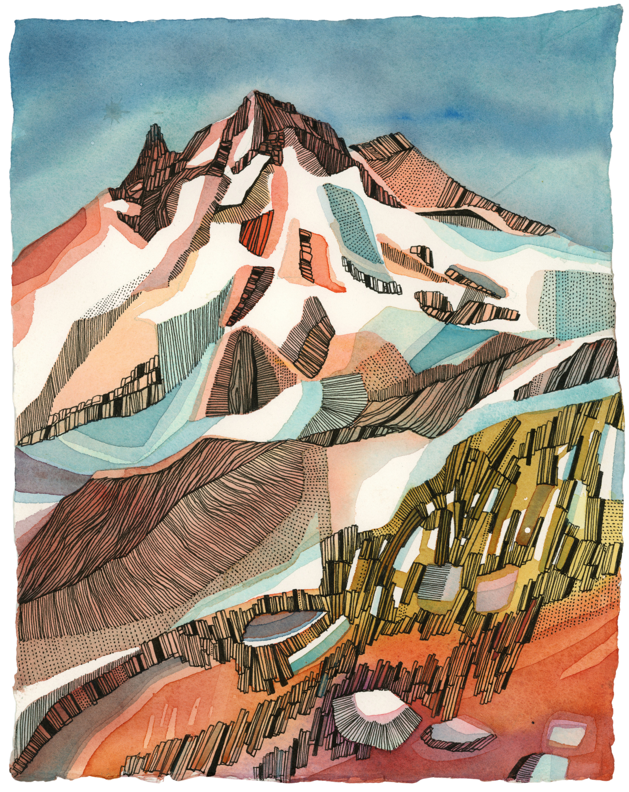 Illustration of a mountain with snow patches, using abstract and stylized lines and colors.