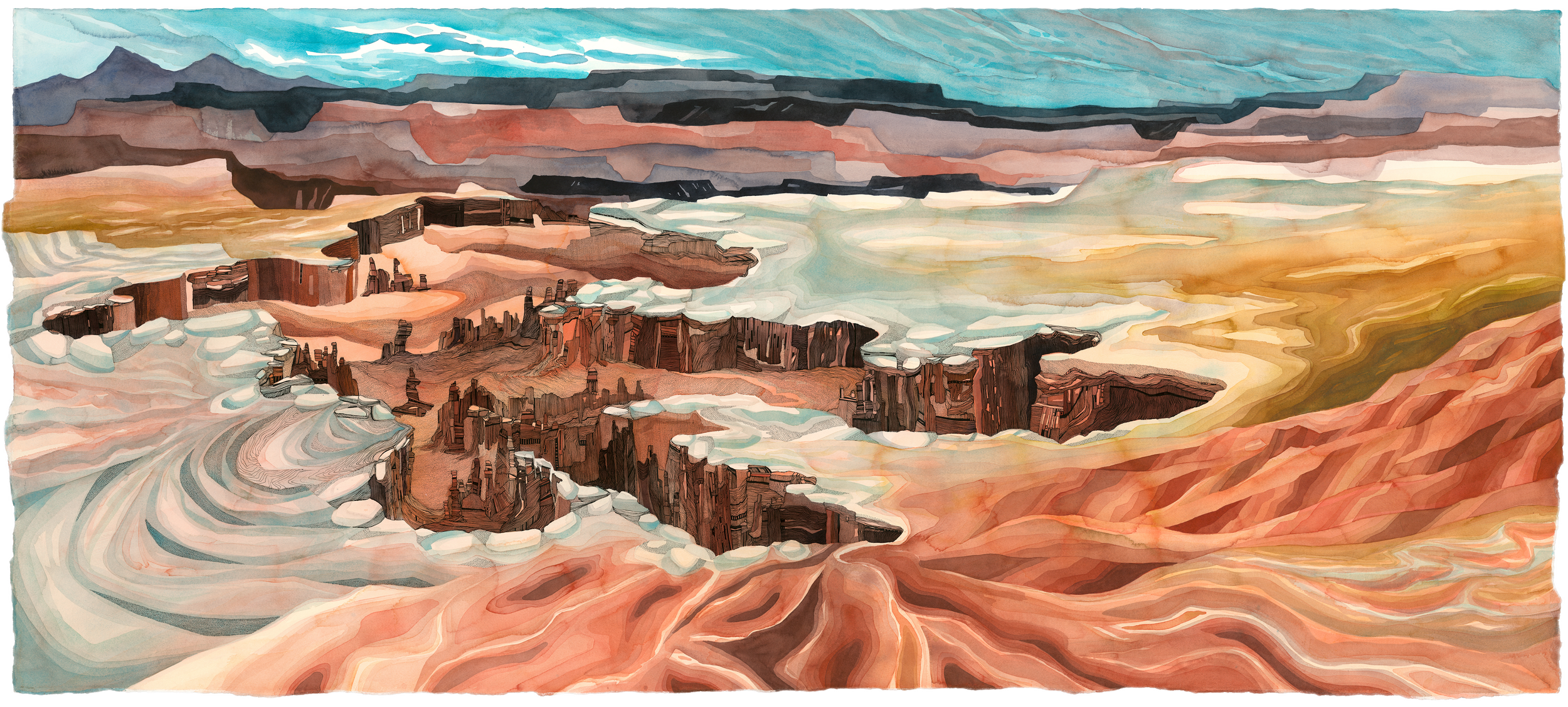 Abstract landscape painting of a canyon with layered rock formations, water, and sky in pastel colors.
