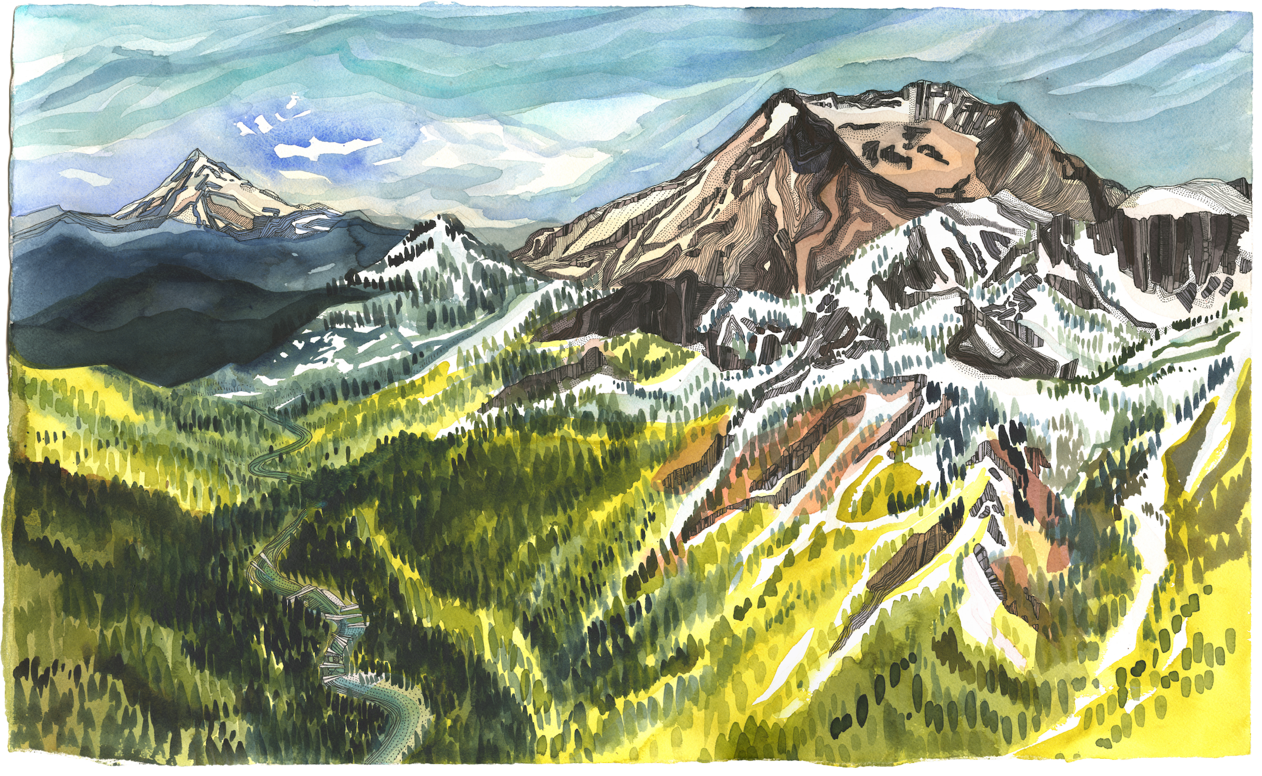A watercolor painting of a mountain landscape with snow-capped peaks, a winding road, and a lush green forest.