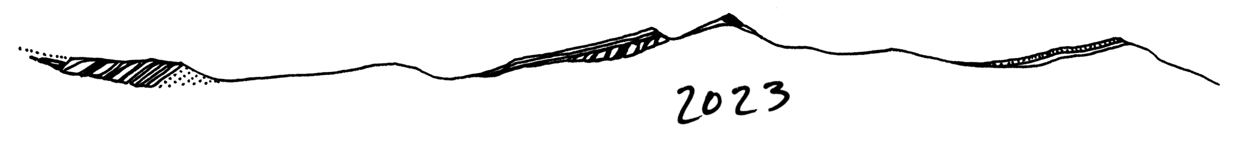 Stylized black and white drawing of a mountain range with "2023" written in the middle.