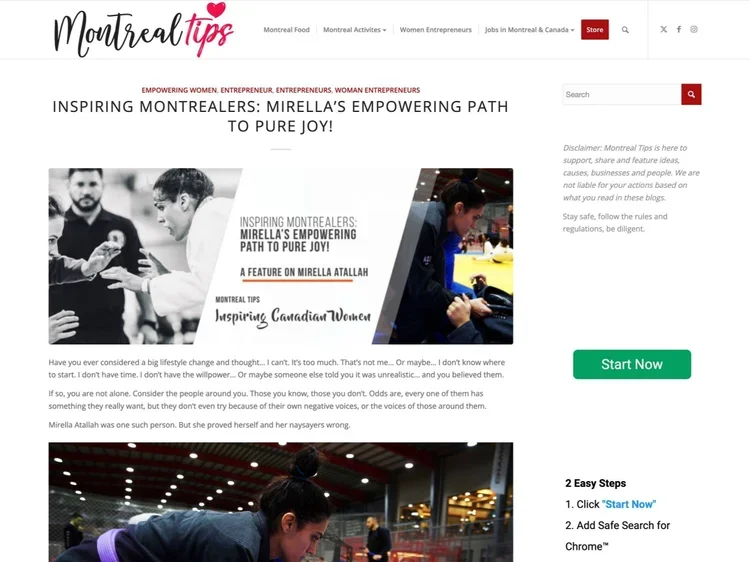 A webpage from Montreal Tips featuring an article about Mirella Atallah's empowering journey. The page includes images of Mirella Atallah, a woman playing billiards, and a woman with a backpack at a large indoor event with bright lighting.