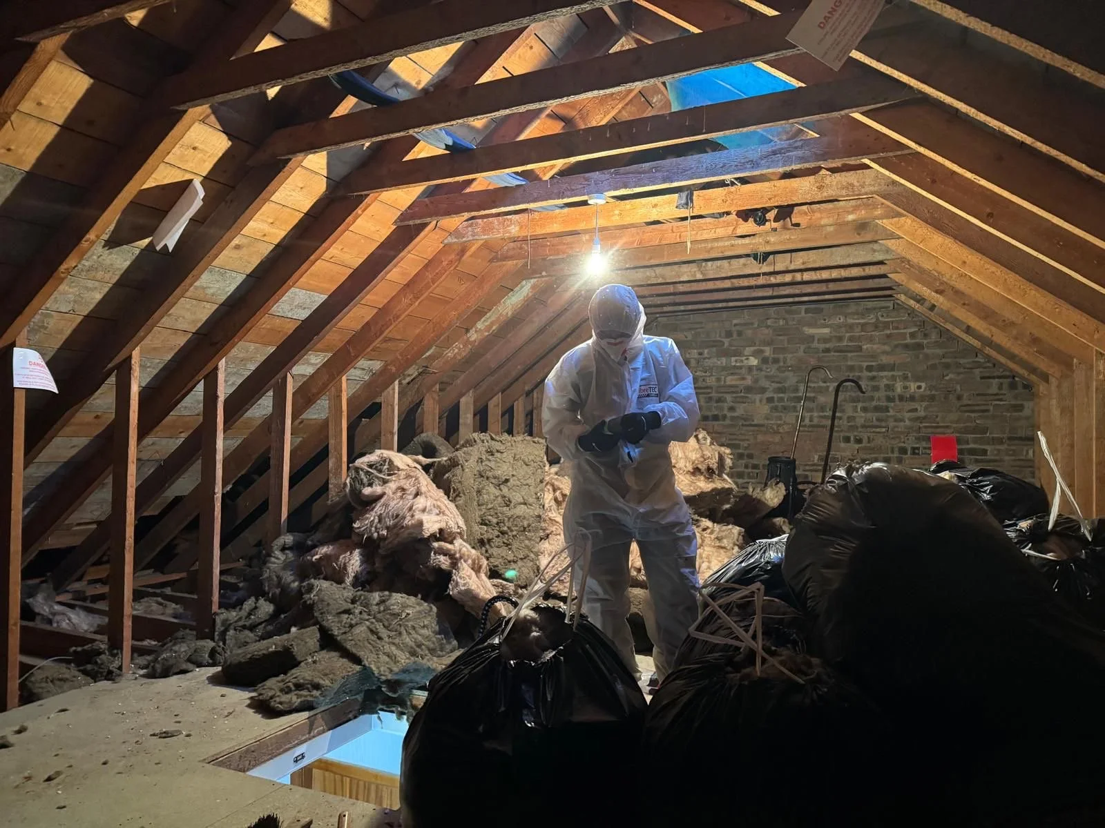 A person dressed in white protective clothing and gear, holding a dustpan, inside an attic full of insulation materials and garbage bags, with exposed wooden beams and a brick wall background.