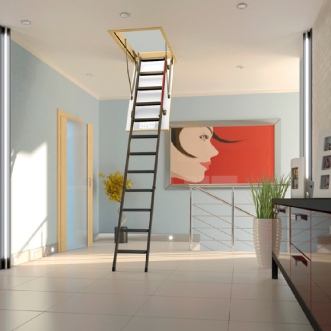 Interior of a modern house with a ladder leading to an attic pull-down hatch, a large colorful portrait of a woman's face on the wall, a potted plant, and sunlight casting shadows through a door.