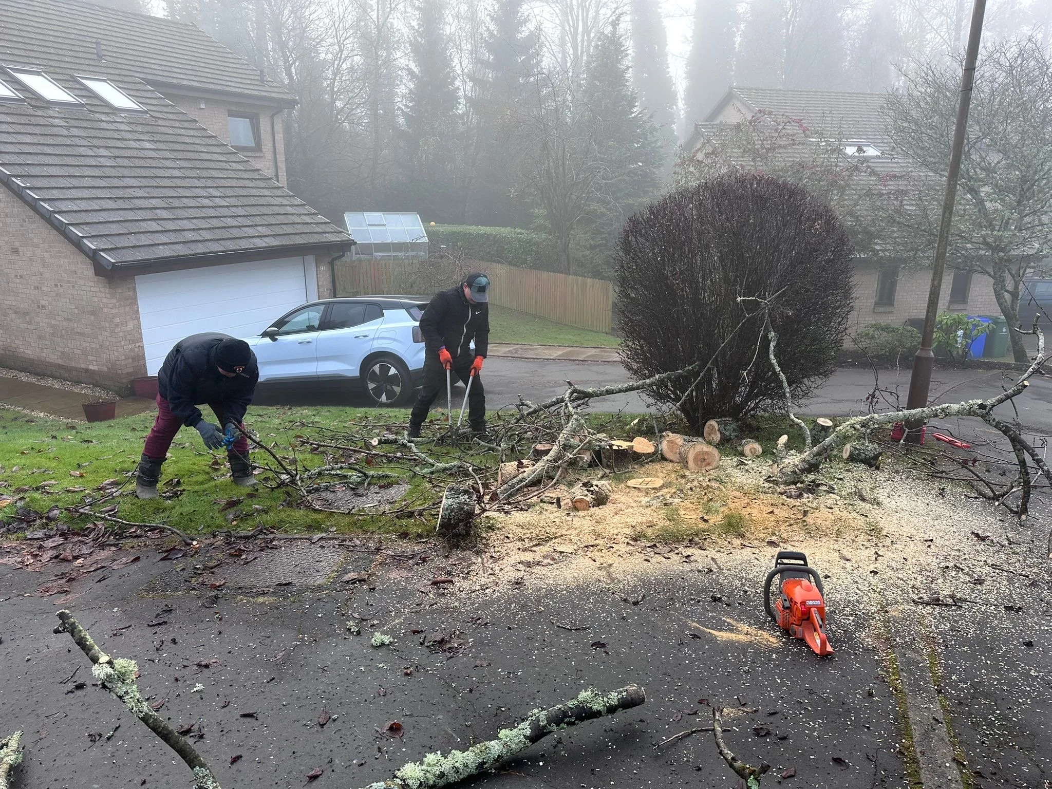 Two people are cutting fallen tree branches and logs on a residential driveway with a chainsaw and a manual saw. They are wearing warm clothing and gloves. The background shows a house, a car, a fence, shrubs, and a foggy sky.