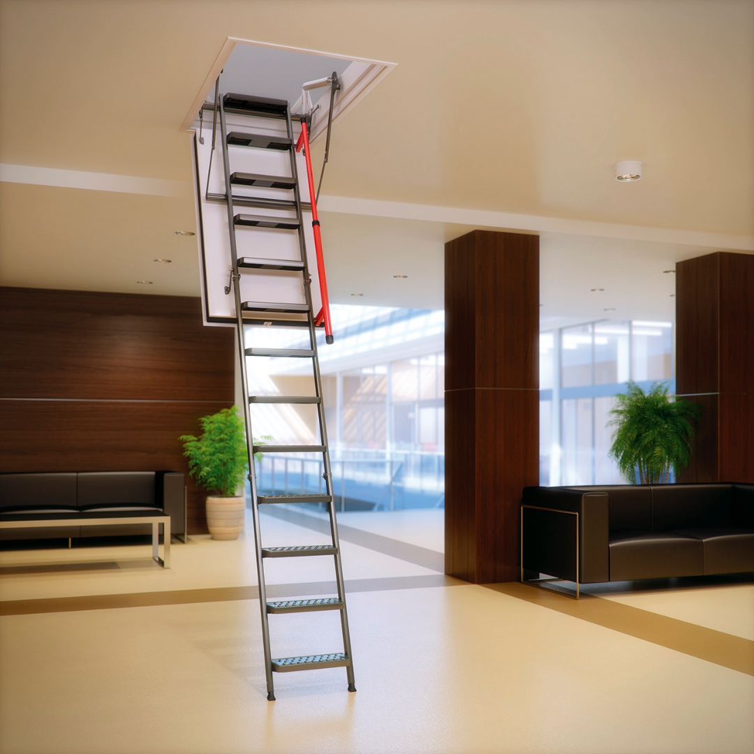A ladder extended into an attic access hatch in the ceiling of a lobby, with potted plants and seating area visible.