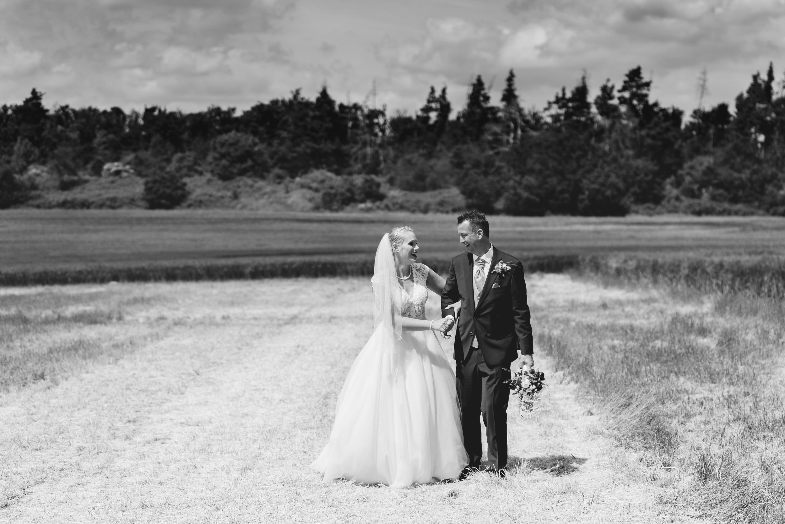 Braut und Bräutigam, die sich auf einem Feld bei einer Hochzeit lächelnd die Hände halten im Harz