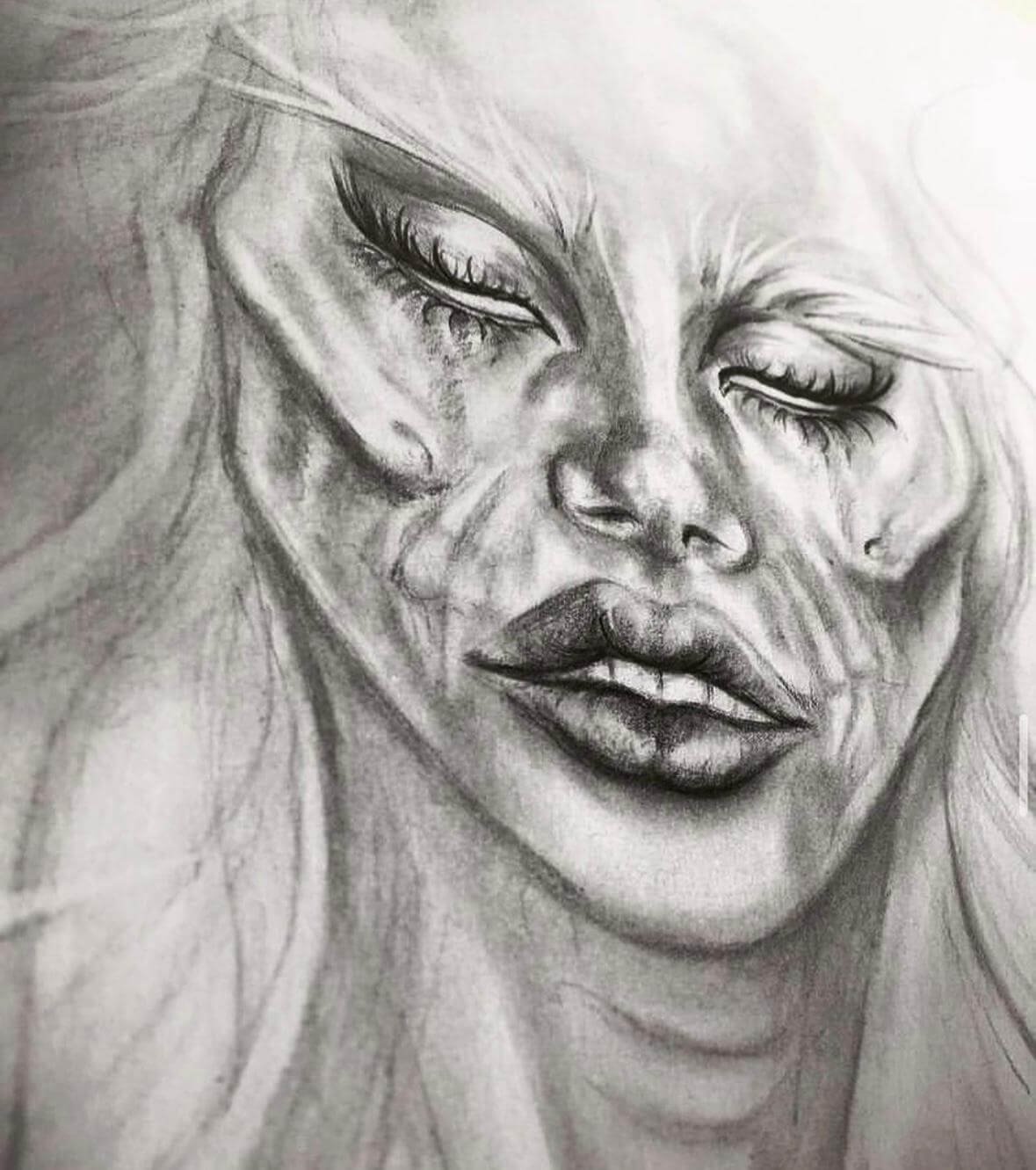 Highly detailed pencil sketch of a fantastical crying female face with elongated features, dramatic eye makeup on one eye, flowing white hair, and expressive lips. Concept art or tattoo design reference. Siren Tattoo Studio,  Lucerne, Switzerland.