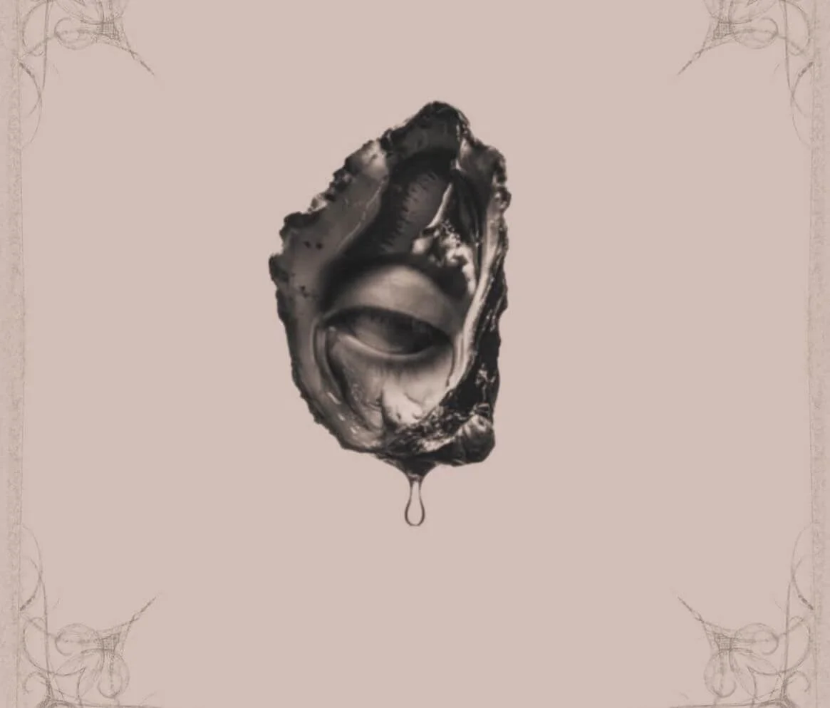 Surrealist tattoo flash design on a warm beige background: an open oyster shell rendered in dark sepia tones with a realistic human eye embedded inside, a single teardrop falling beneath it. Delicate ornamental border details at corners. Siren Tattoo