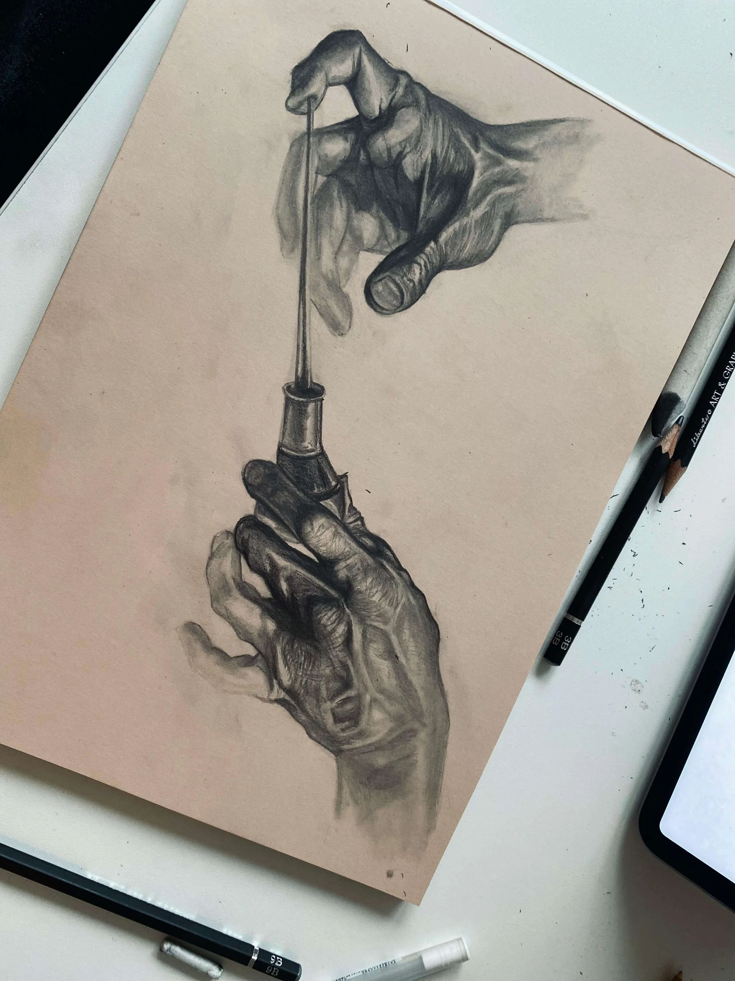 Original pencil sketch on toned paper — two hands passing a needle, anatomical study and private artwork by Siren Tattoo Lucerne
