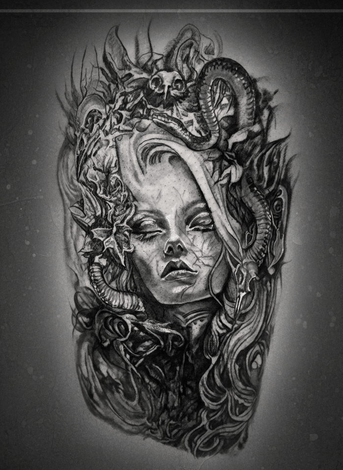 Black and grey realism Medusa tattoo on thigh — serpents, bird skull, and floral detail by Siren Tattoo Lucerne