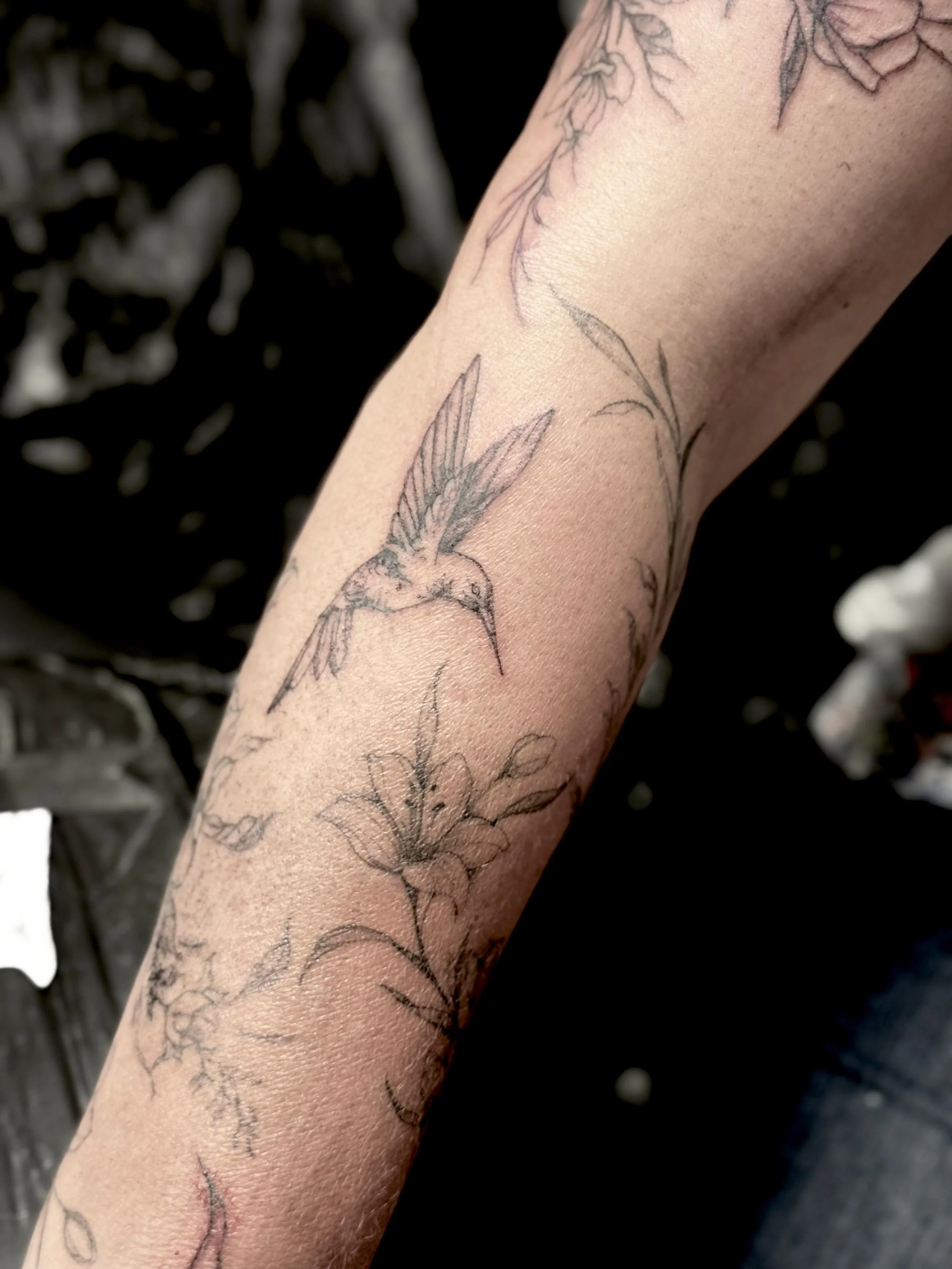 Delicate fine-line floral forearm tattoo — hummingbird with lily and botanical vine in single needle black by Siren Tattoo, Lucerne
