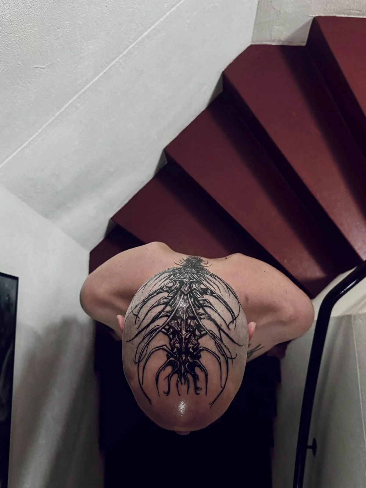 Bold blackwork spine tattoo on shaved head — symmetrical dark organic root and branch design covering full scalp by Siren Tattoo Lucerne