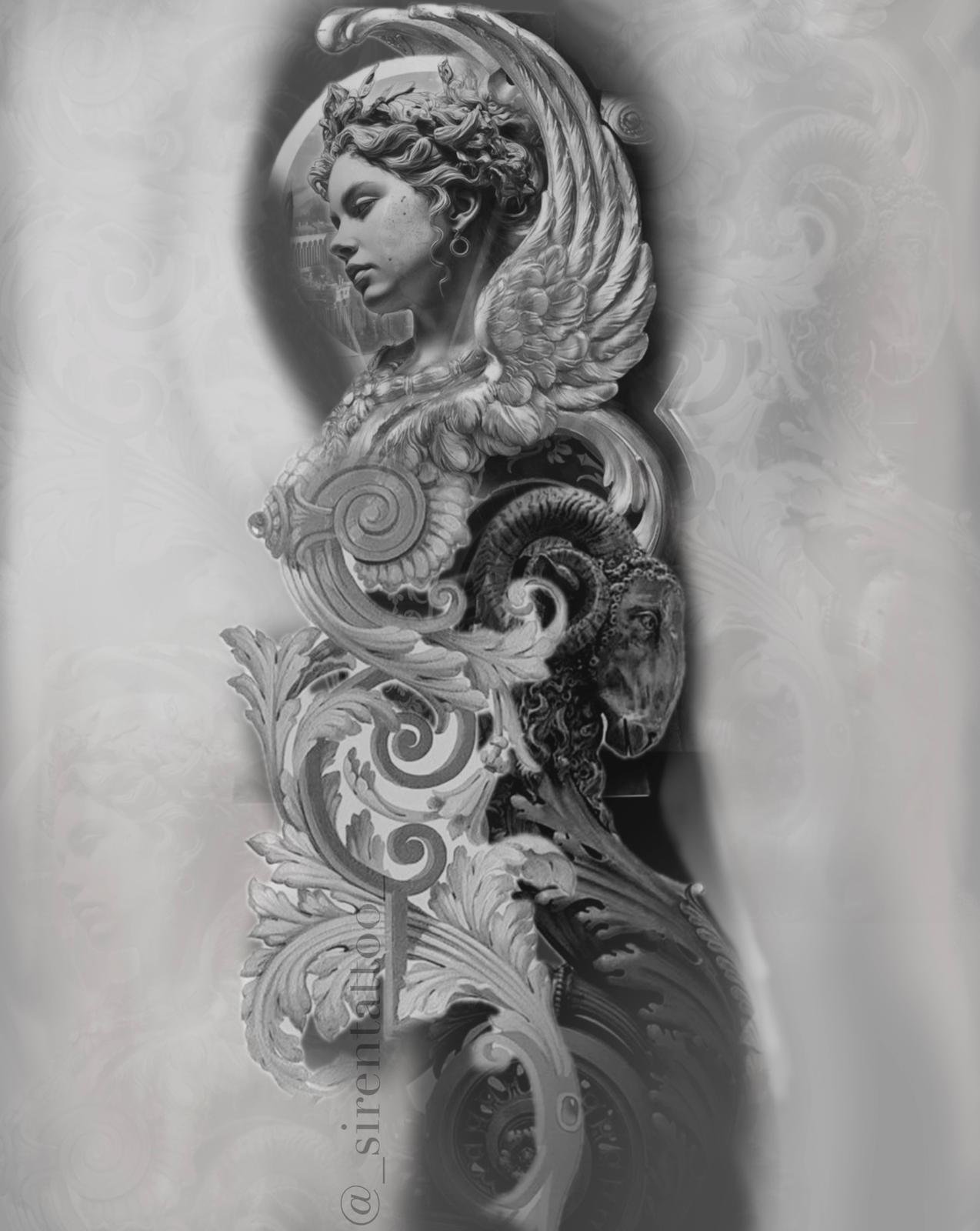 Black&Grey Realism Full Sleeve Tattoo Design – Classical Angel, Ram & Baroque Ornamental Scrollwork | Rich tonal depth and hyperrealistic rendering throughout | Siren Tattoo Studio Lucerne