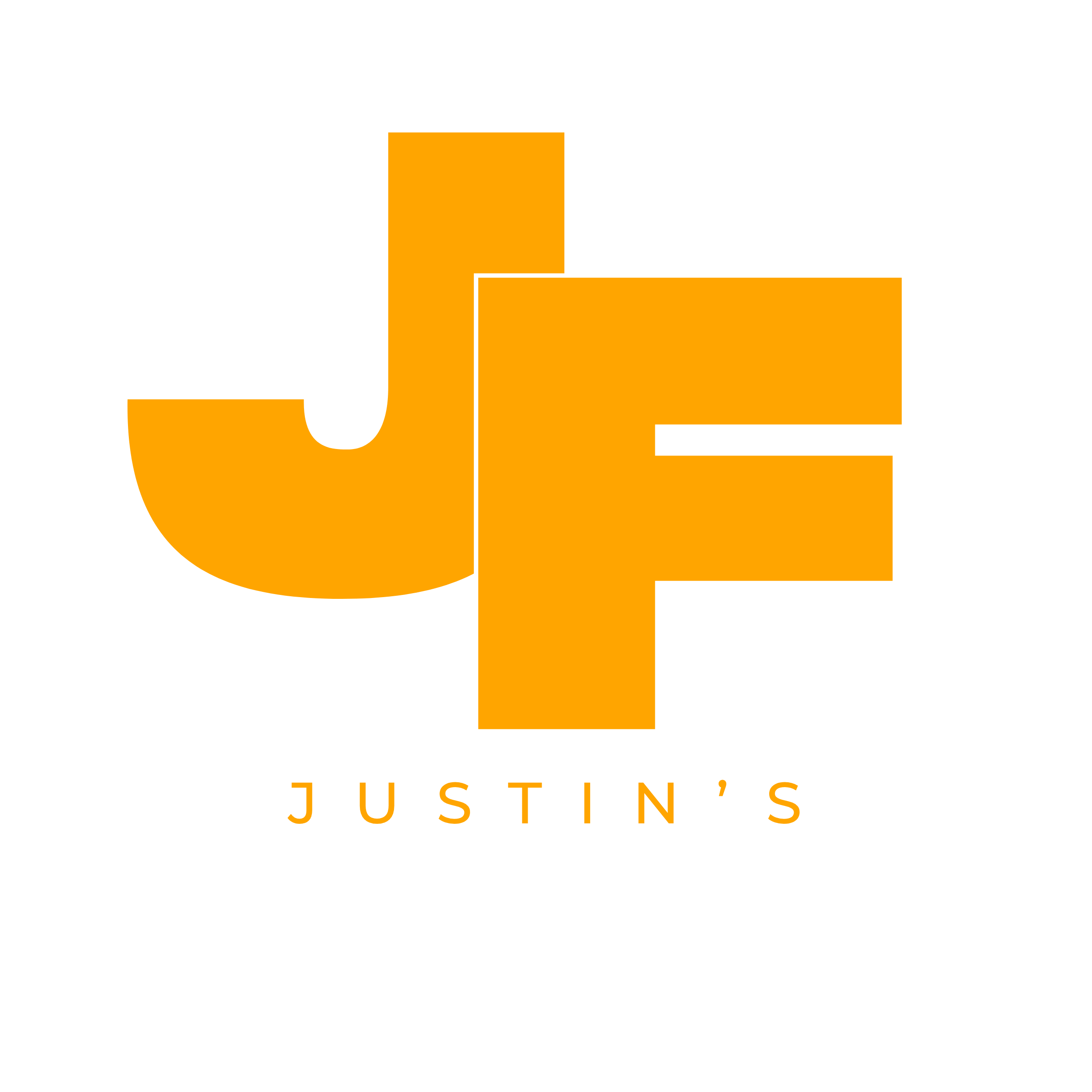 Logo der Fahrschule Justin's mit großen orangefarbenen Buchstaben "JF" und schwarz-weißem Schriftzug "Justin's Fahrschule" darunter, umgeben von einem Reifenmuster im Kreis, auf schwarzem Hintergrund.