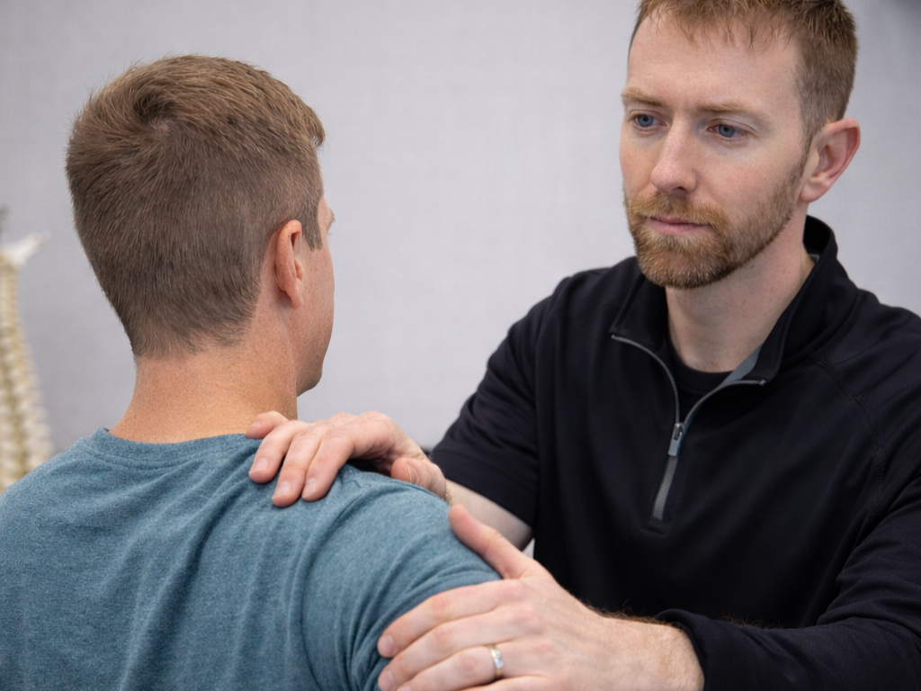 Shoulder pain assessment with Dr. Joel Ardner in Tiffin, Ohio clinic
