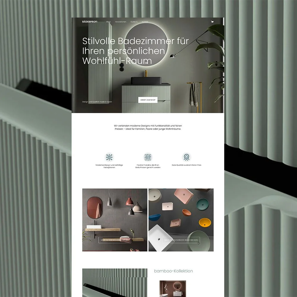 Webseite eines Badezimmer-Designs mit Waschbecken und hellen Wänden, sowie Text in Deutsch über moderne Badezimmerprodukte und Design.